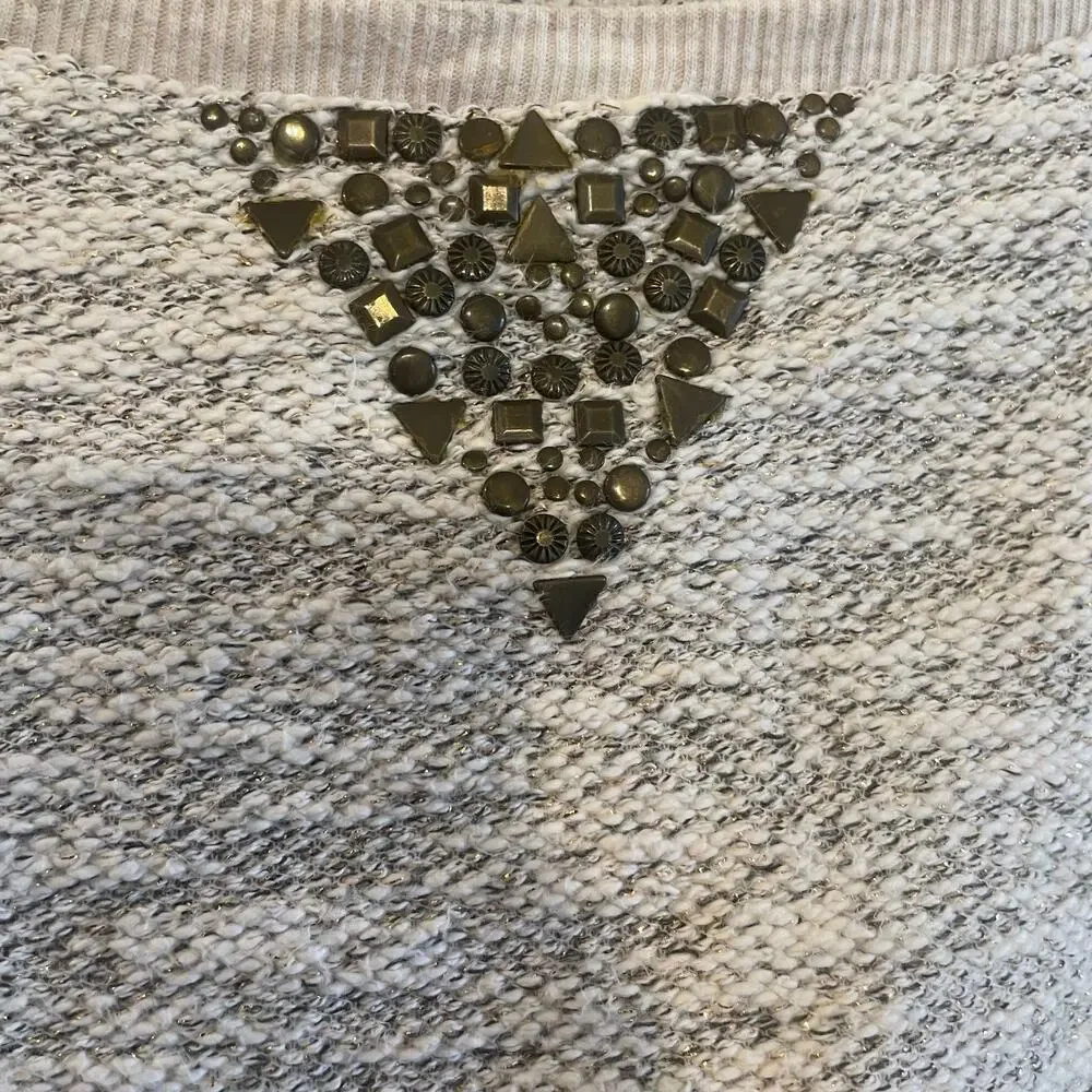 Lucky Lotus Sweater Beige metallic Knit Pullover Embellished Studded Ladies Sz L - Picture 6 of 14
